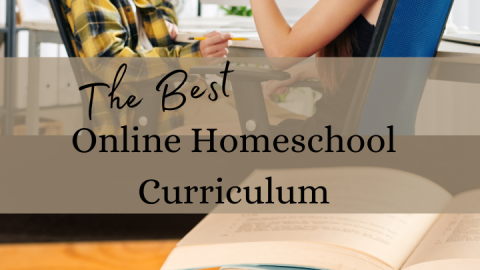 Kids on online homeschool curriculum. stack of homeschool curriculum